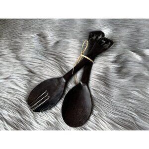 Vintage hand-carved dark ebony wood Salad Fork Spoon Set Giraffe Africa